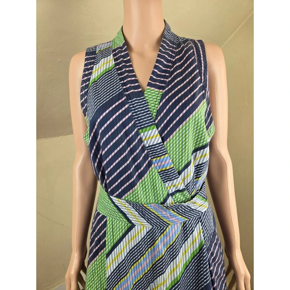 Tory Burch Size 14 Cotton Striped Wrap Midi Dress Belted Pockets